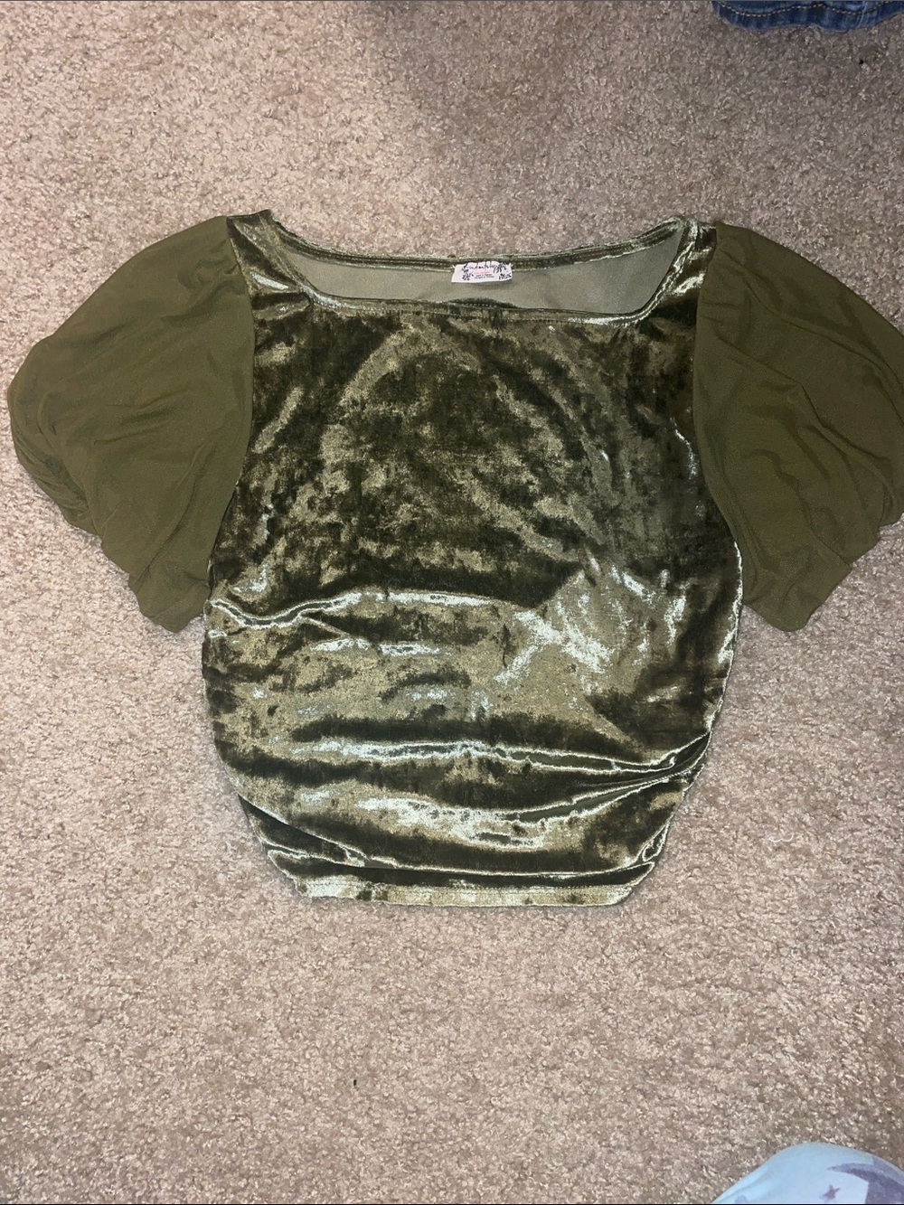 Olive Velvet Puff-Sleeve Crop Top with open keyhole back